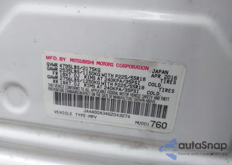 2016 Mitsubishi Outlander Es z USA, uszkodzony, nr VIN JA4AD2A34GZ043074